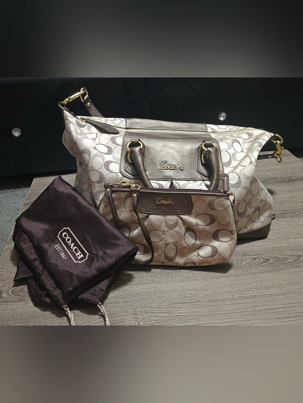 Coach Ashley Sign. Metalic Satchel Tan/lavender w/wristlet & bag (G1220-F20266)